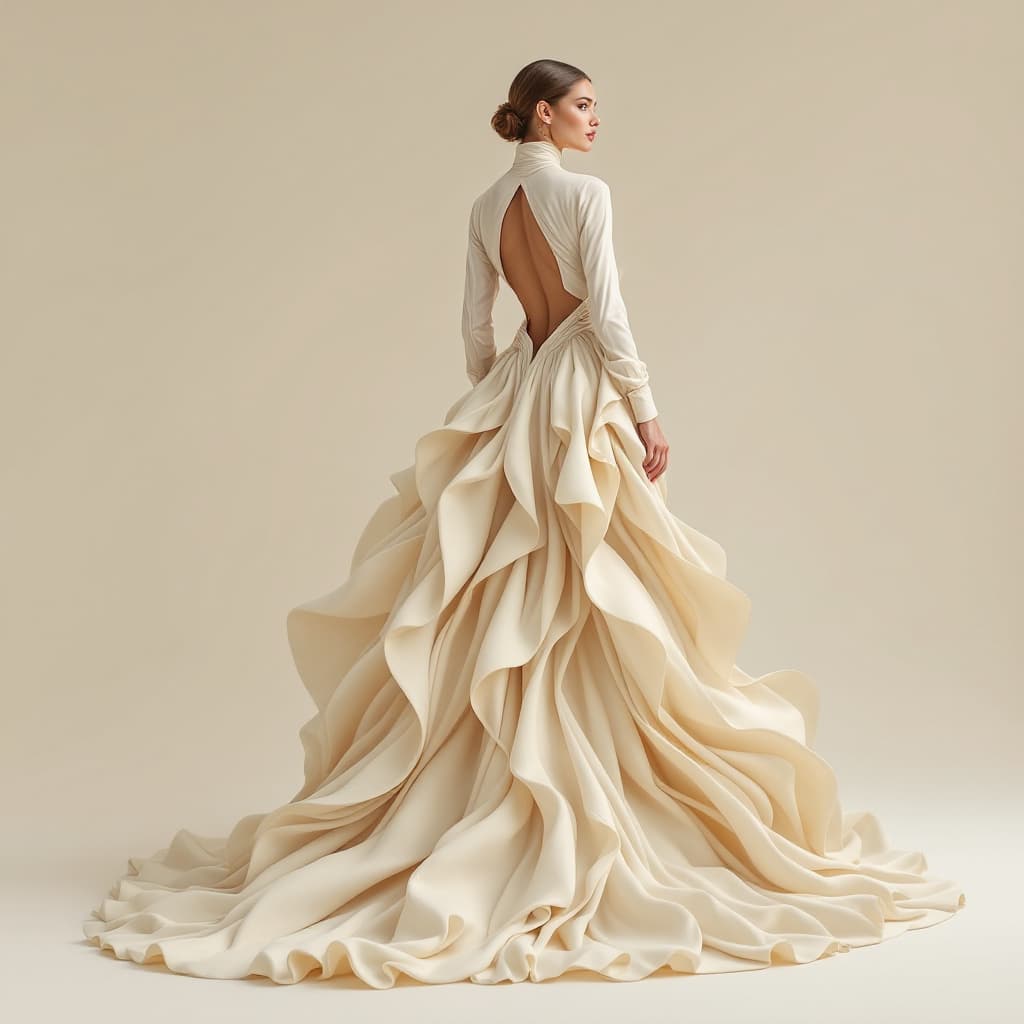 AI generated: The image is a full-length portrait of a woman in a flowing cream dress. The dress features a high n...