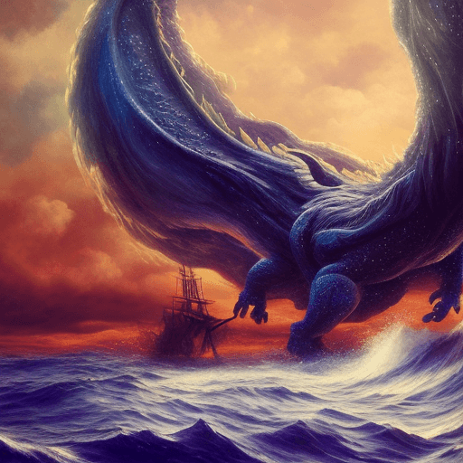 AI generated: A montre huge Japanese dragon curled in shape around a pirate ship in a lagoon with pirates fighting...