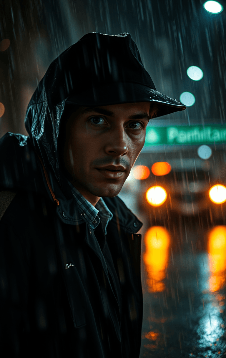 AI generated: (speed)+ Portrait of detective in the rain, after get off work, dark, rain, dark, wallpaper, ultra h...