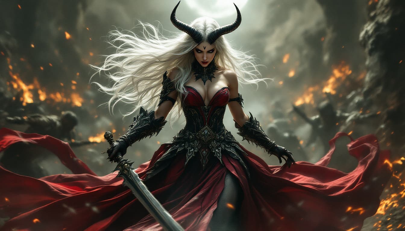 AI generated: a breathtakingly dramatic portrait of a powerful woman, poised at the forefront of a intense battle ...