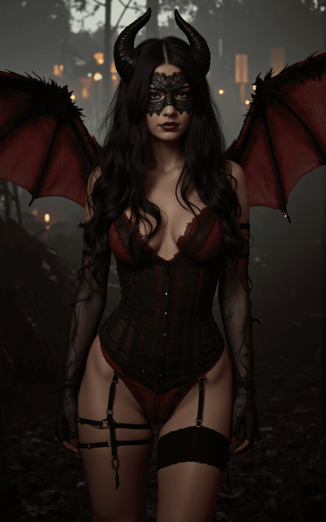 AI generated: A striking succubus with long, raven-black hair cascading in waves down her back and a slender, curv...