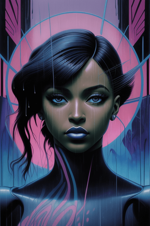 AI generated: 8 0 s art deco normani as aeon flux profile picture, rain like a dream, oil painting, cinematic, sym...