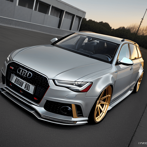 AI generated: realistic picture of extremely lowered Audi RS6 in light grey color, 10 spoke golden wheels