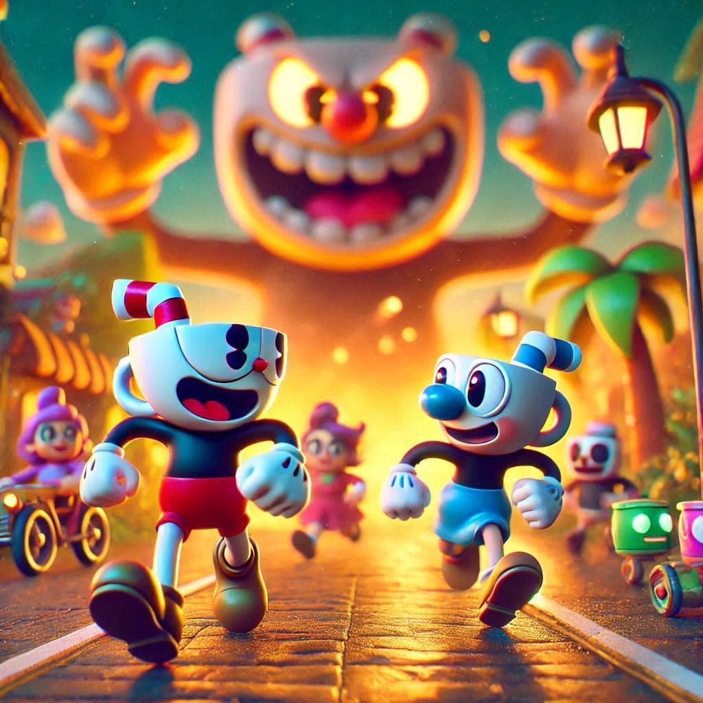 AI generated: Render 3D de alta calidad con personajes inspirados en Cuphead, representados con texturas suaves y ...