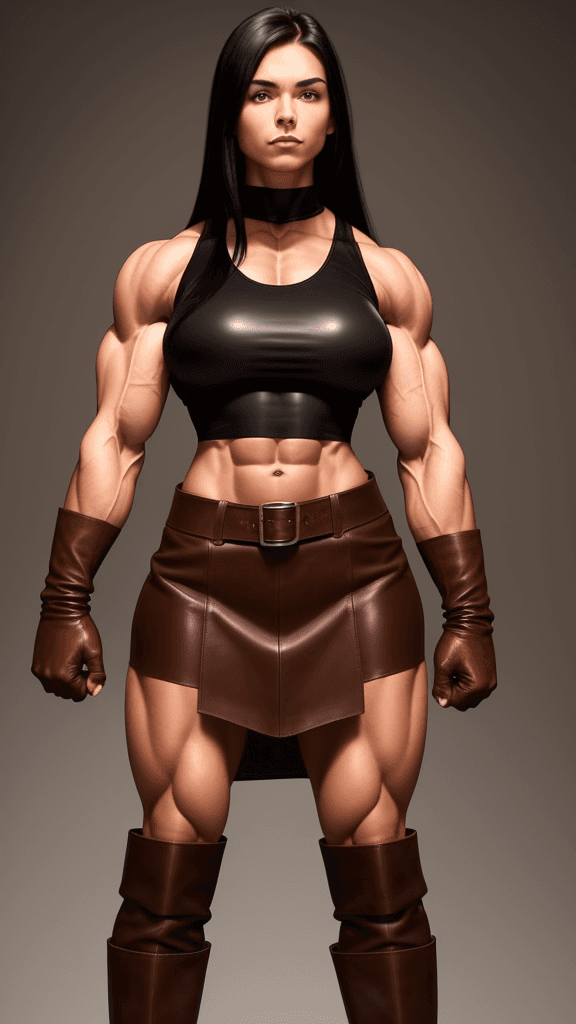 AI generated: 20 year old strong muscular woman, toned biceps, Sixpack, long black hair, wears Brown Leather skirt...