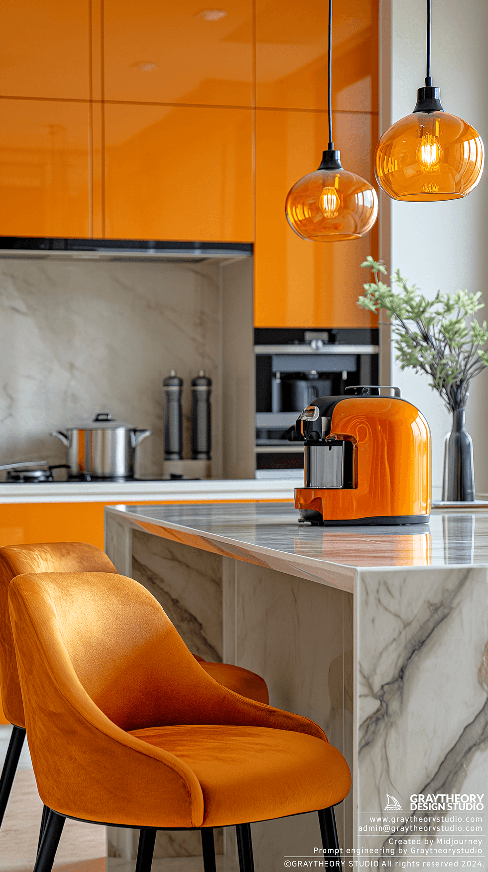AI generated: modern kitchen, sleek eggshell orange finishes, with a white and black steel, marble, EF 24mm f/1.4L...