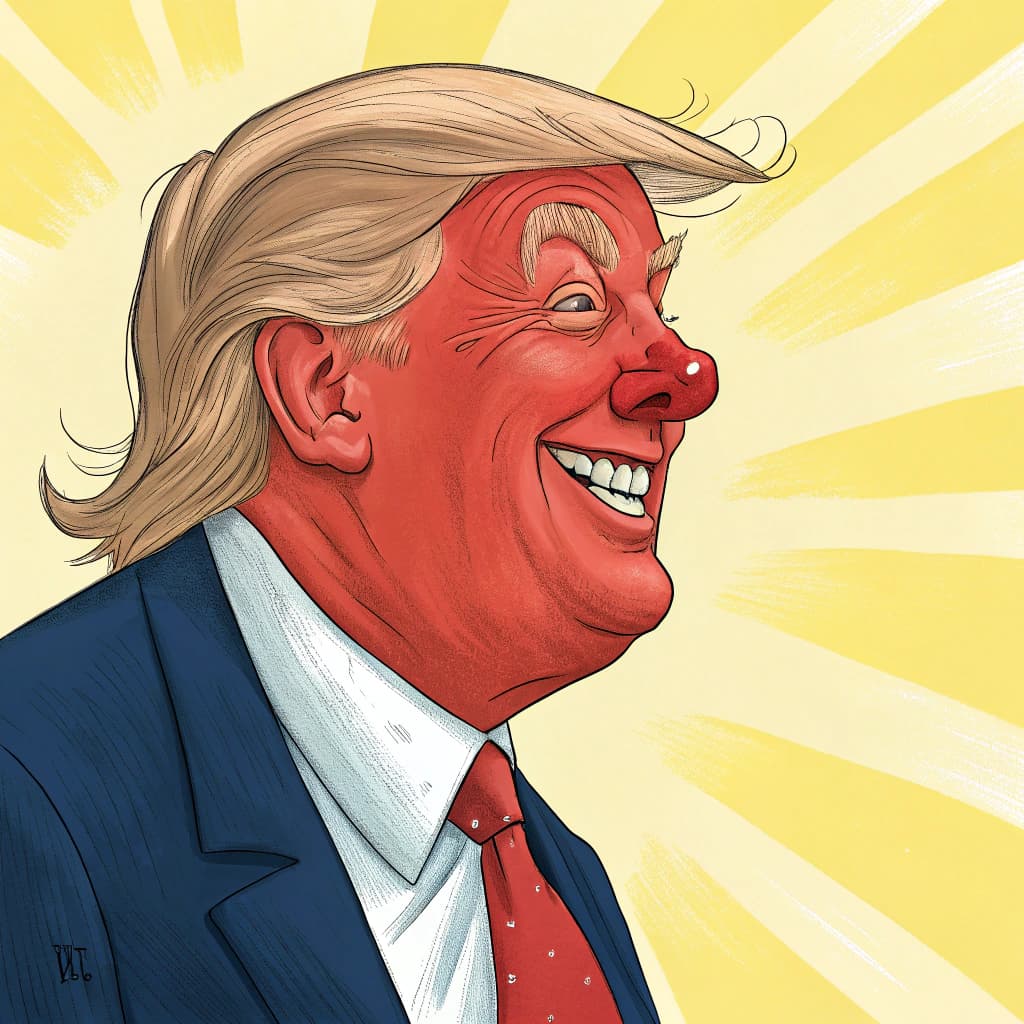 AI generated: A comically exaggerated, cartoonish portrait of Donald Trump with an oversized, red face, a prominen...