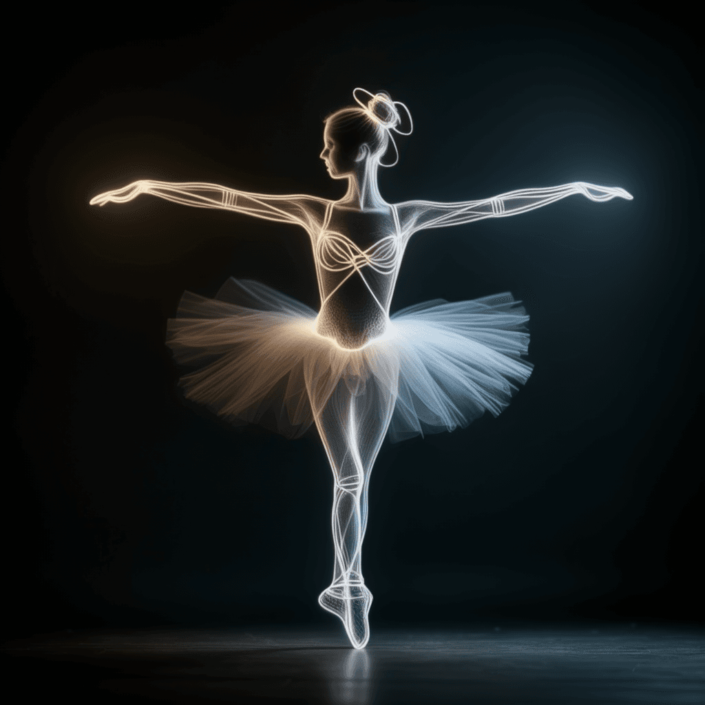 AI generated: a ballerina made of simple chalk outline of twisted wire, transparent body, bokeh, x-ray effect, hol...