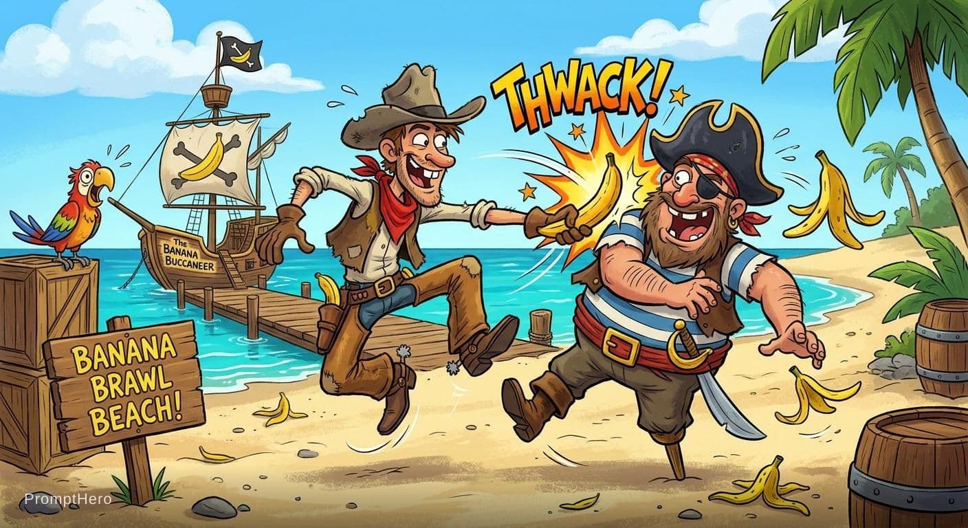 AI generated: make a cowboy fight a pirate with a banana
, animation style, very funny