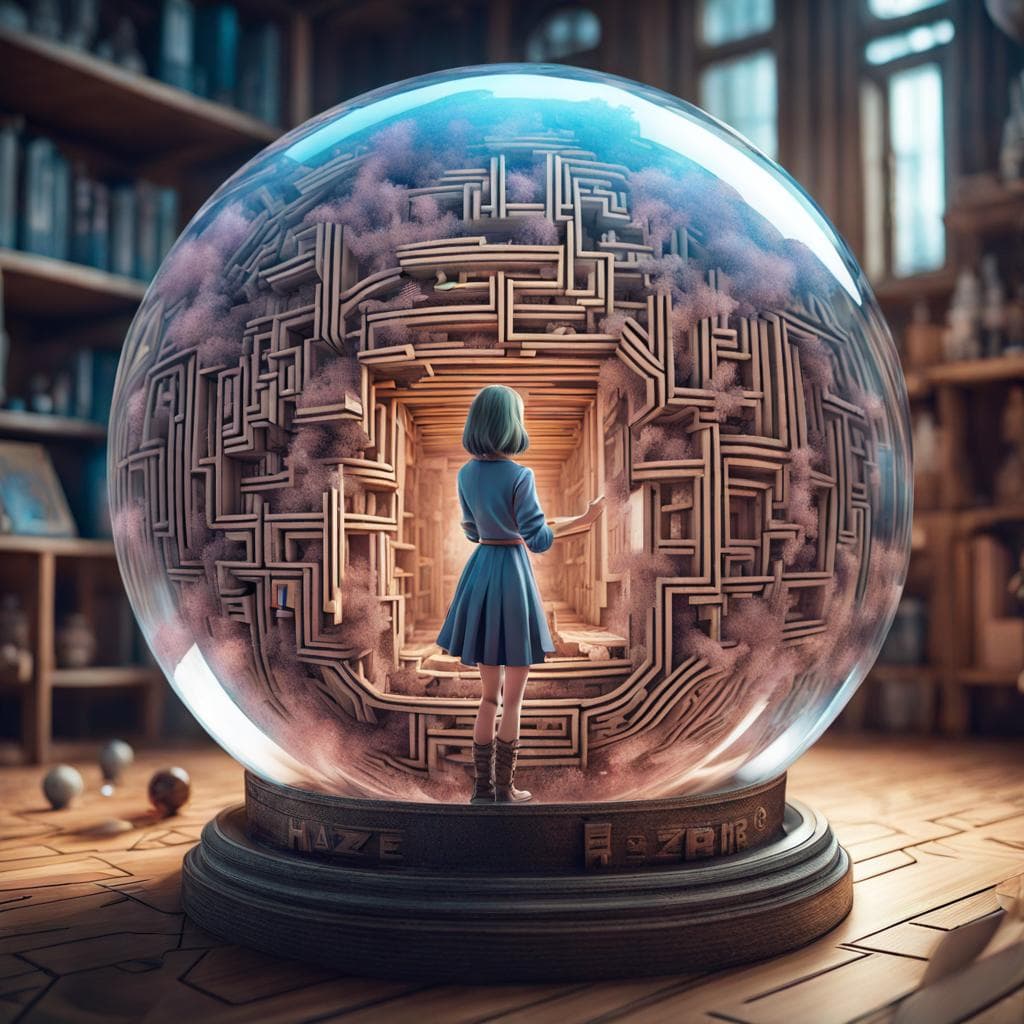 AI generated: Hypnotic Maze, Anime girl, Challenging Maze, Impossible Geometry, Mc Escher, Surreal Photography Wit...