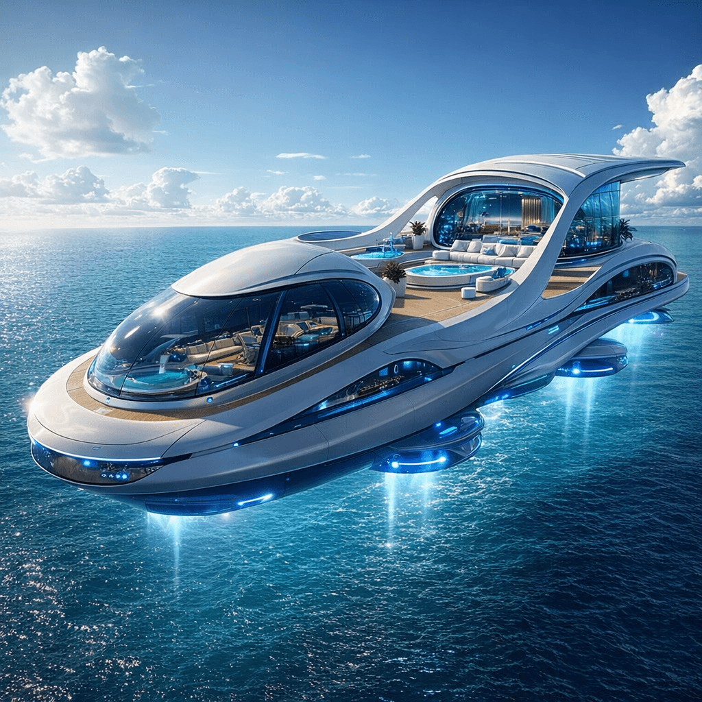 AI generated: Take the reference image. Examine the background. Create a futuristic aerial view of a luxurious, fa...