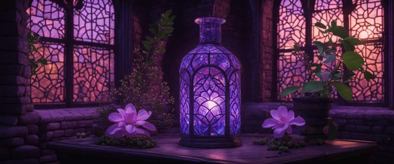 AI generated: A very beautifully mystic crackled glass bottle found in an enchanted plant house, background a ruin...