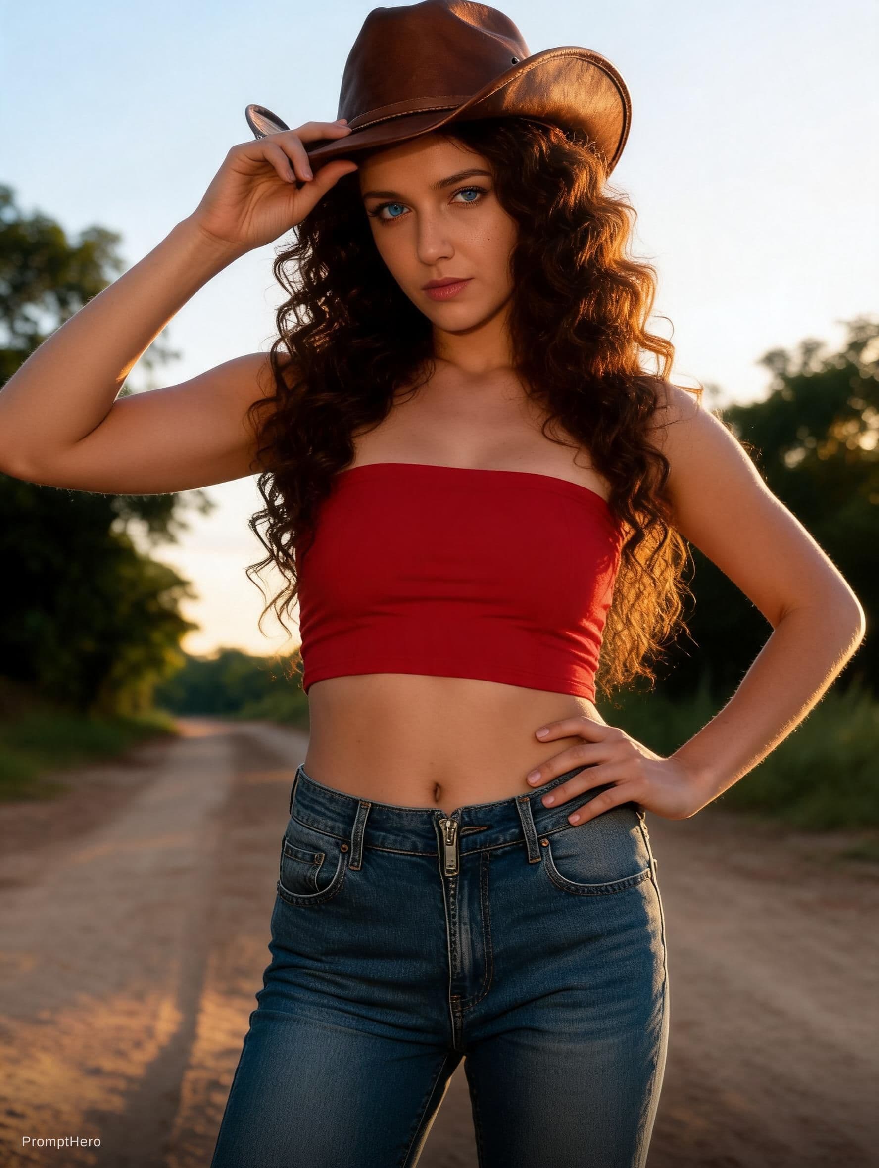 AI generated: A cinematic, photorealistic full-body portrait of a fit woman standing on a sun-drenched dirt road a...