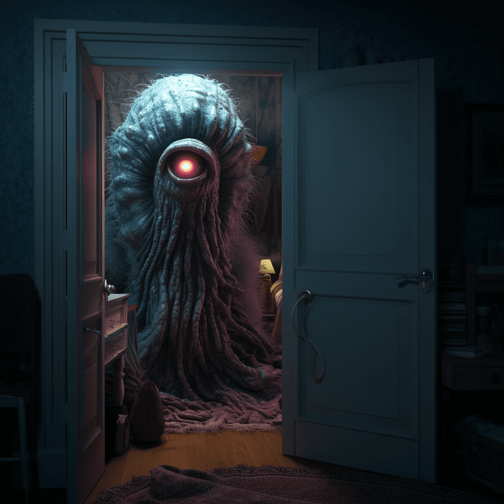 AI generated: Creature with disturbing look emerging from a closet door in a bedroom, high detail, 8k, masterpiece...