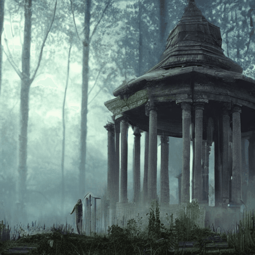 AI generated: temple in ruines, forest, stairs, columns, cinematic, detailed, atmospheric, epic, concept art, Matt...