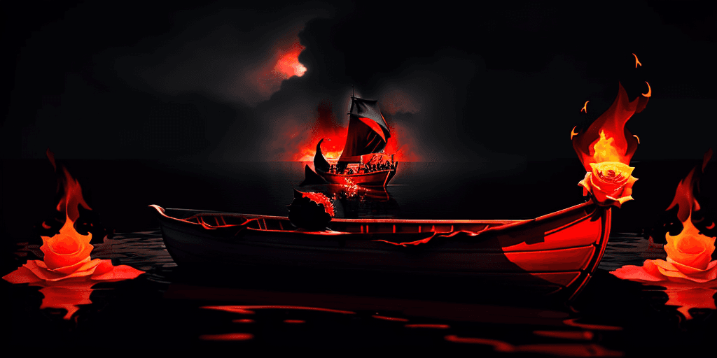 AI generated: a rose in a boat, floating in hell, melancholic, fiery, volumetric flames, solemn, lonesome 