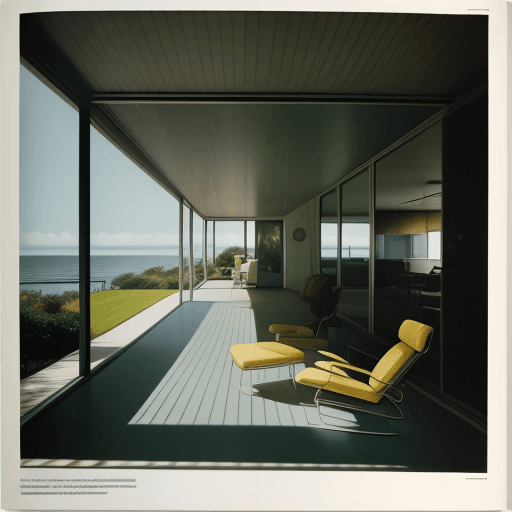 AI generated: Hyper realistic eye level exterior photo of a mid century modern style house overlooking the ocean, ...
