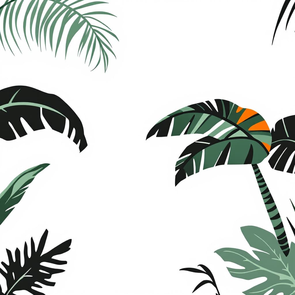AI generated: graphic jungle scene illustration background for a 3x3 grid. in the center is a small white circle. ...