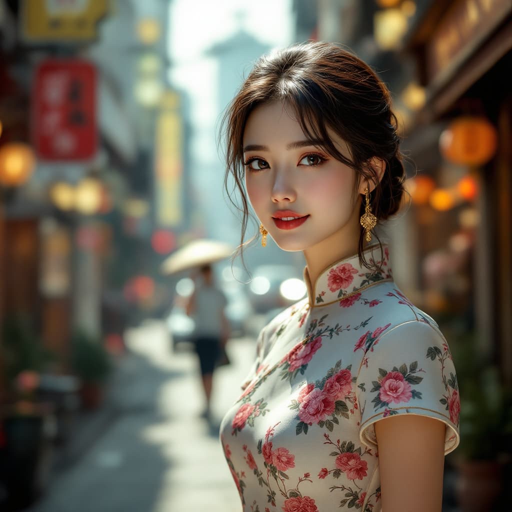 AI generated: a pretty young lady standing on the street, with a background depicting Hong Kong in the 1960s, wear...