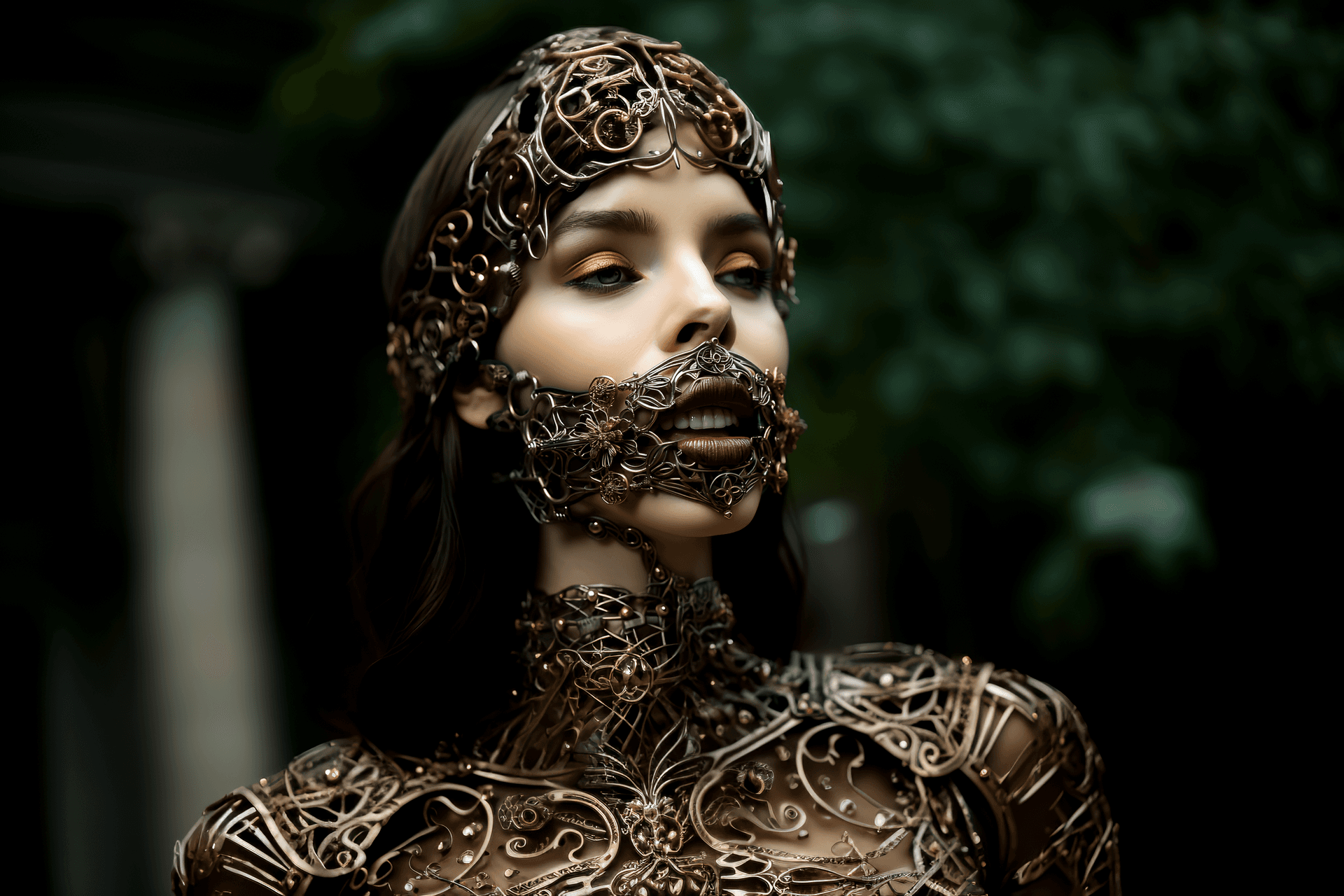 AI generated: brown hair on woman's lower lip, in the style of mechanical sculptures, metalwork jewelry --ar 128:8...