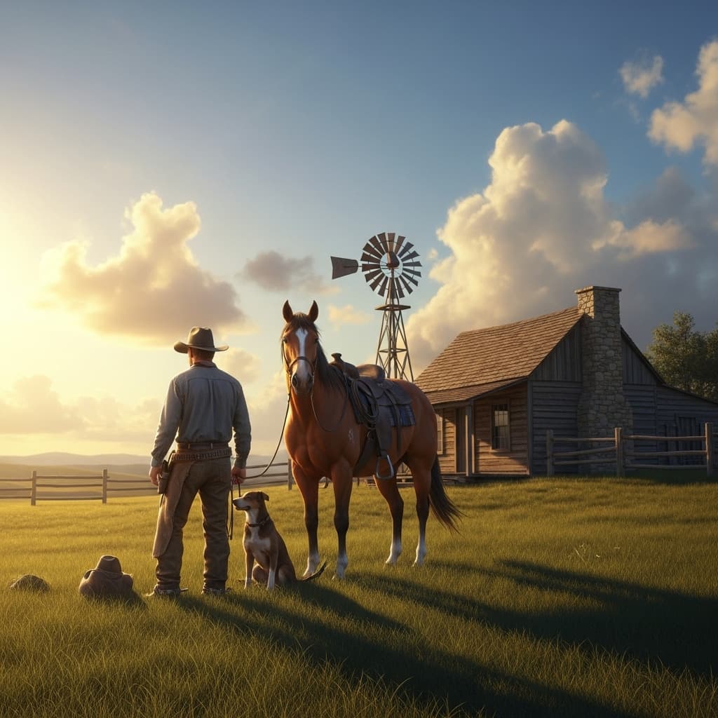 AI generated: A rugged cowboy wearing a weathered hat and boots stands beside his loyal dog and a strong chestnut ...
