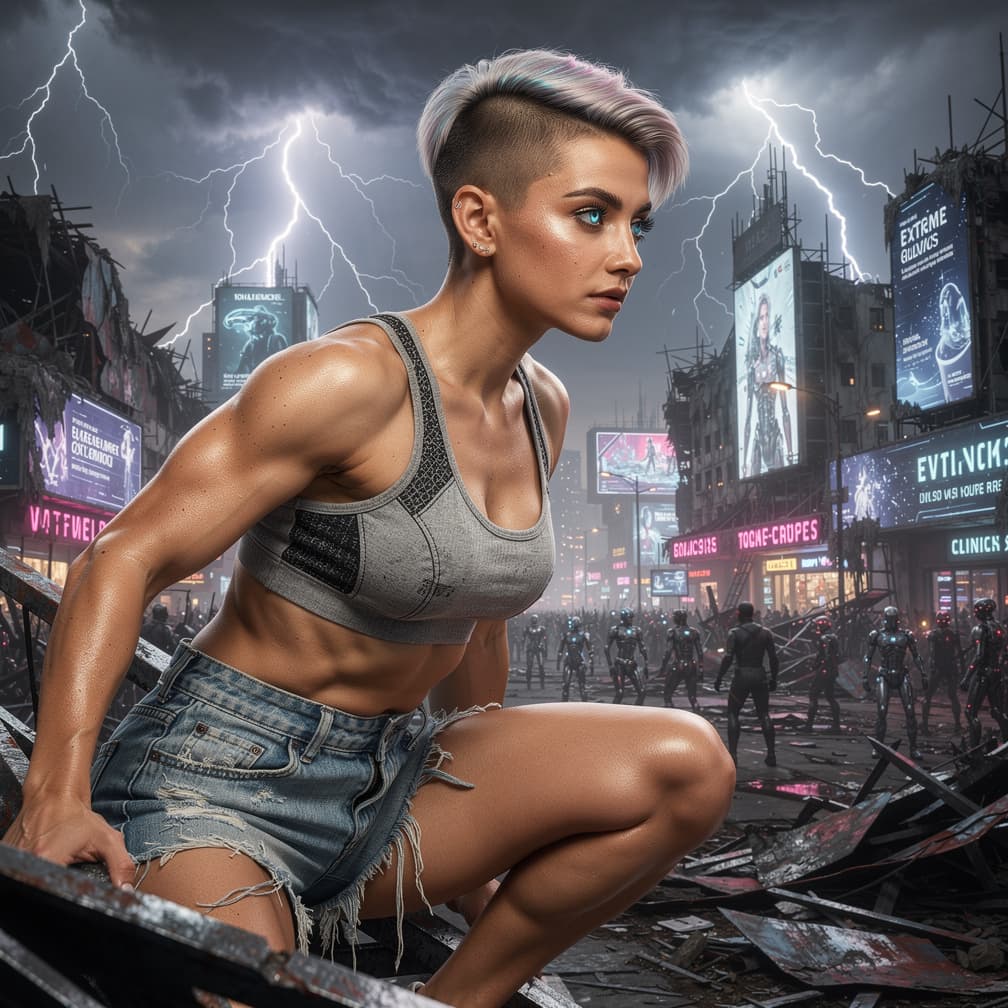 AI generated: modernist, topless full body photo of a 24-year-old Chhattisgarhi-Circassian female playful tomboy w...