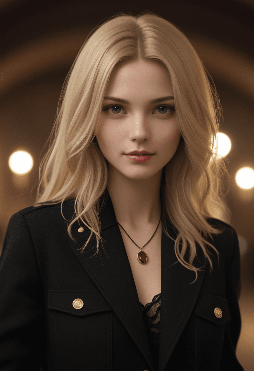 AI generated: cinematic film still Stylized portrait of a woman with long blonde hair,black lace bralette,black ja...