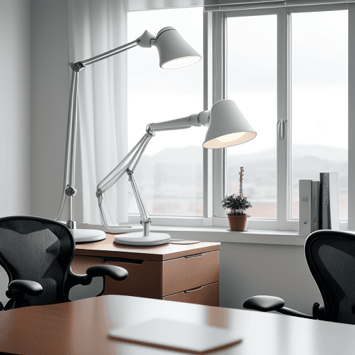 AI generated: Spacious office with frontal view, Herman Miller Aeron chairs, Artemide Tolomeo desk lamps, captured...