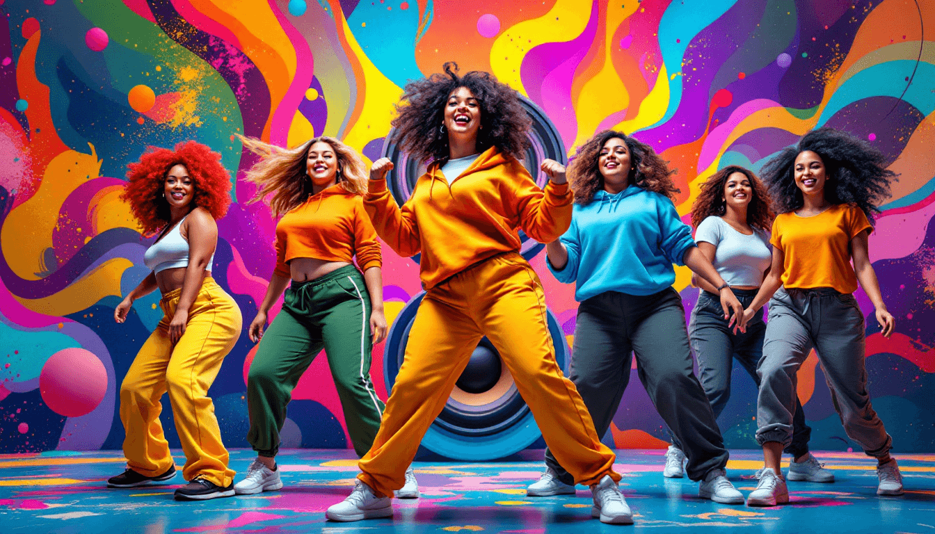 AI generated: Group of Stunning Curvy young Women, dancing energetically; vibrant, colorful, dynamic dance scene, ...