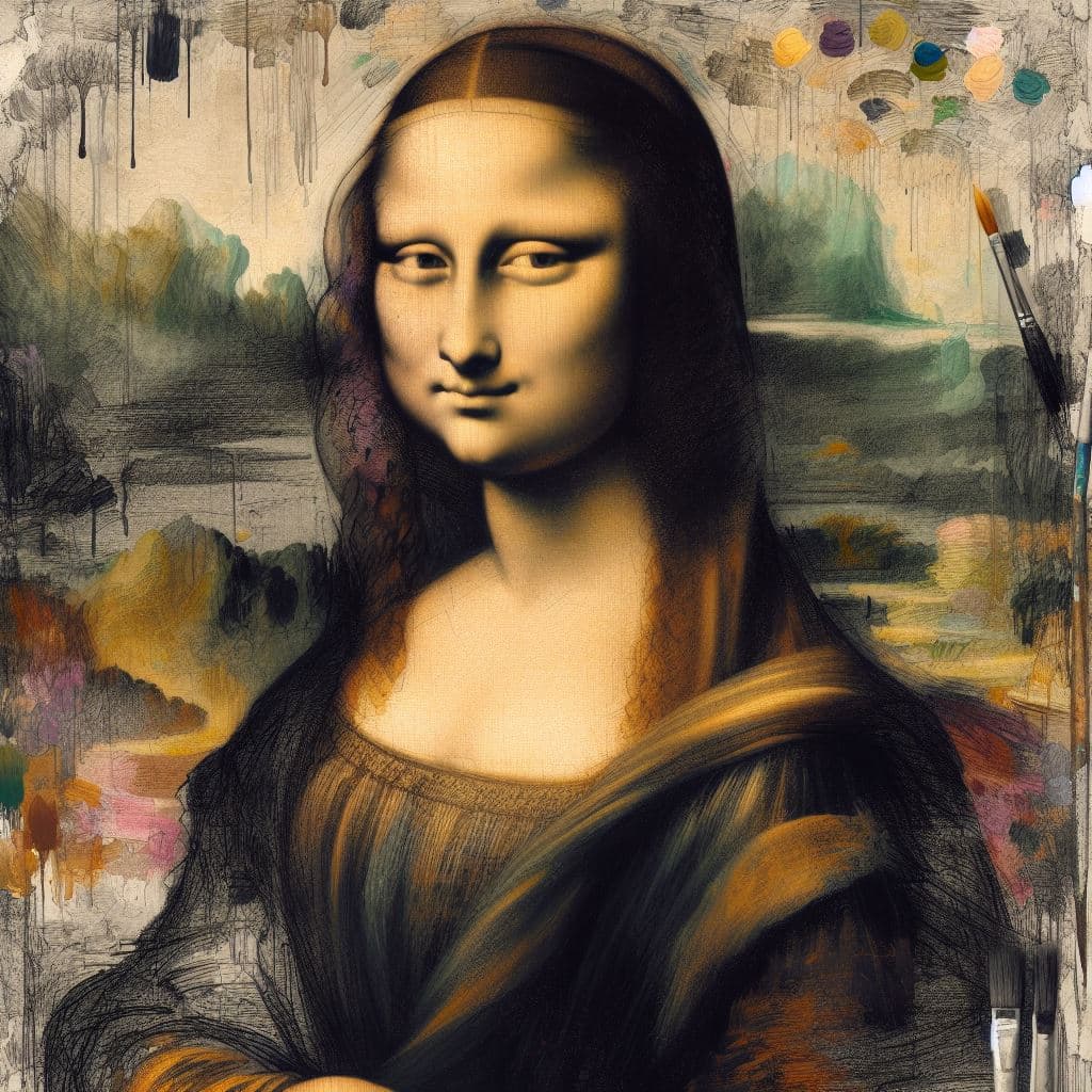 AI generated: Mona Lisa half painted sketch in progress, parts of the canvas are still b/w drawings, brushstrokes,...