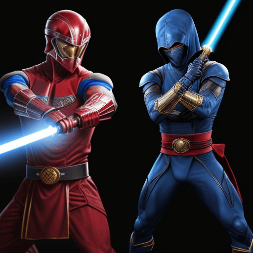 AI generated: a tall black and blue ninja that looks like sub-zero with a sword and red belt. versus a man in a RE...