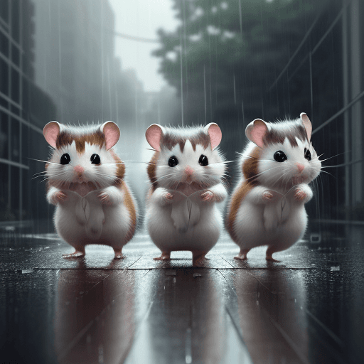 AI generated: anime very funny cute animals similar to hamsters and kittens running in the rain through puddles de...