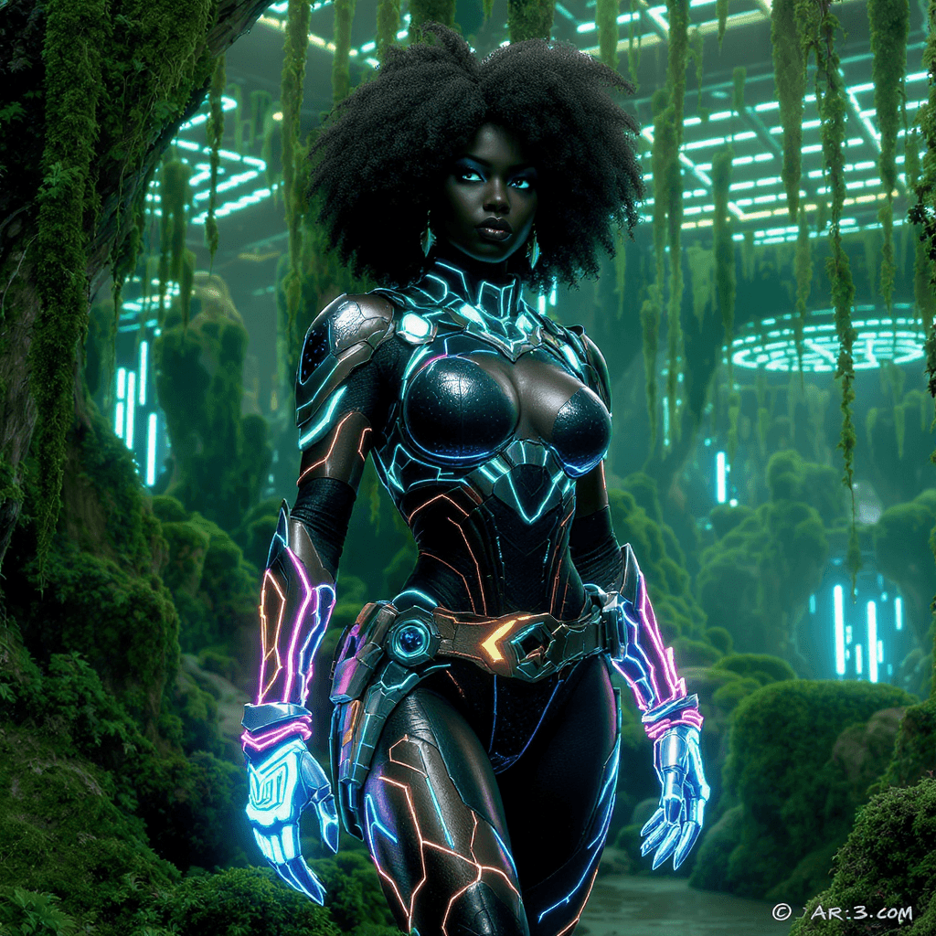 AI generated: vibranium utility belt, moss pathways”: “Elite Afrofuturist warrior queen in a vibranium utility mec...
