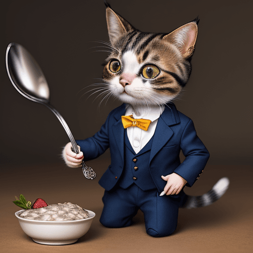 AI generated: photography, of a small cat dressed with a suit like a lawer, the cat is eating overnight oats with ...