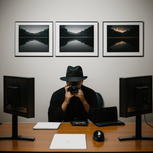 AI generated: In a modern and dimly lit room, a photographer wearing a hat sits at a computer desk, diligently wor...