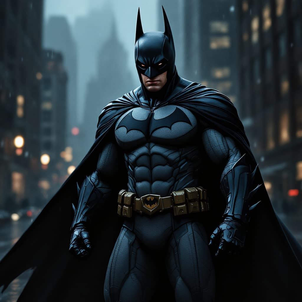 AI generated: Batman, classic design, dark armored Batsuit, tactical gear, matte black and gray, flowing cape, sha...