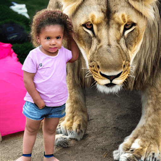 AI generated: A toddler standing next to a lion high definition 