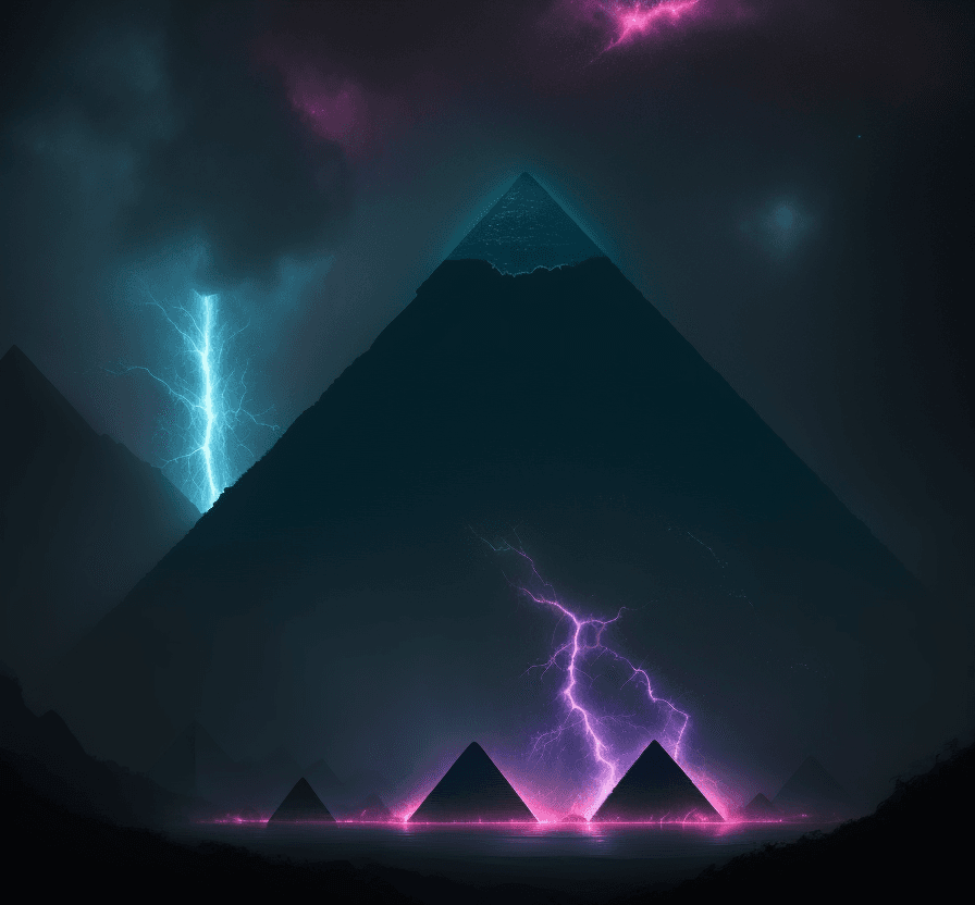 AI generated: 2 mysterious pyramids. rain forest landscape. nebula sky. electric sparks. 2 female robots