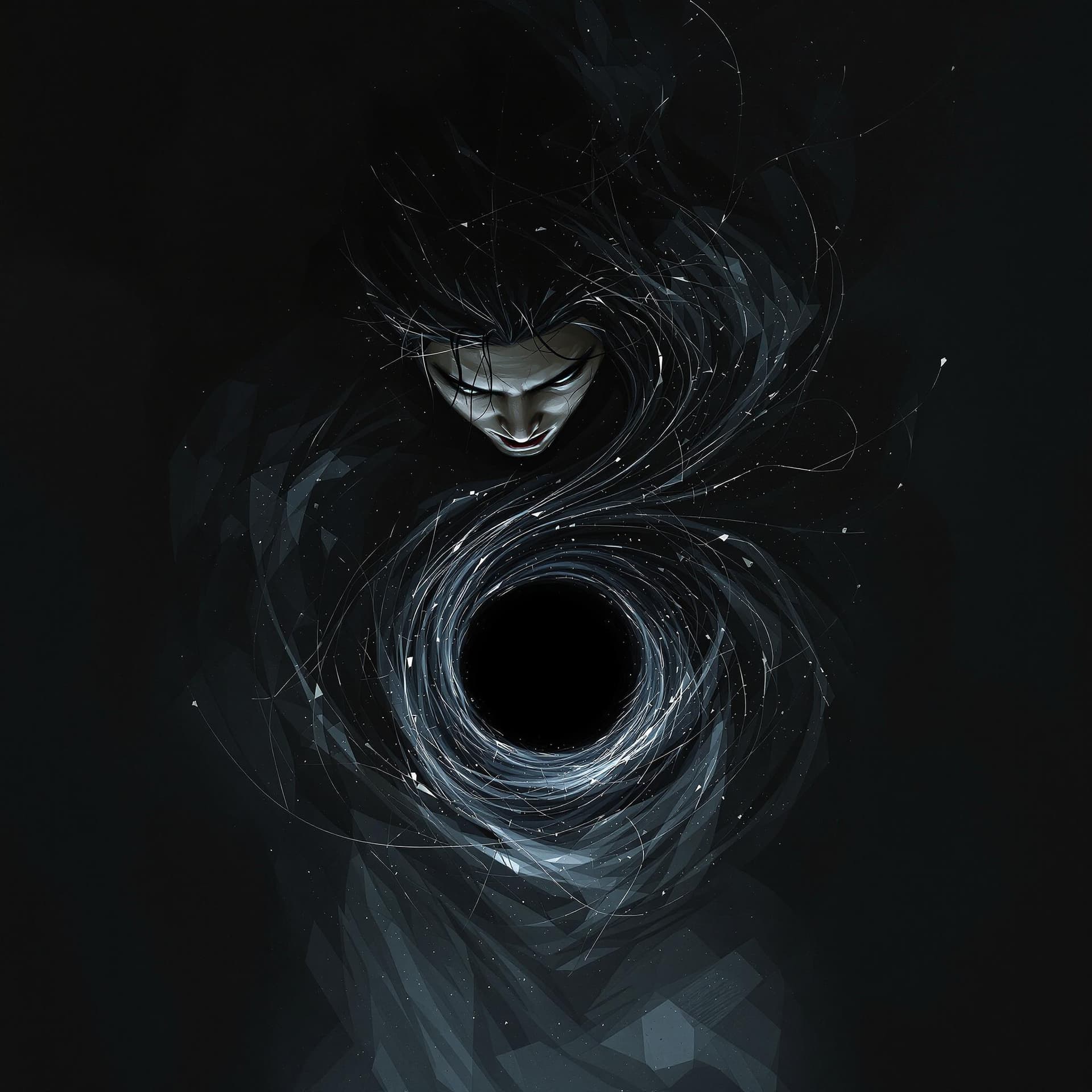AI generated: A terrified, slim-faced young man stares downward at a void in the center of her stomach (1.4), his ...