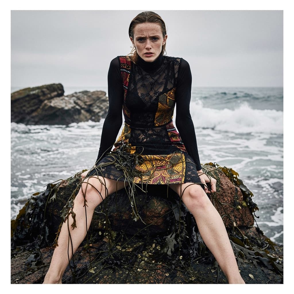 AI generated: a woman sitting on top of a rock next to the ocean, black turtleneck lace dress, lara stone, layout,...