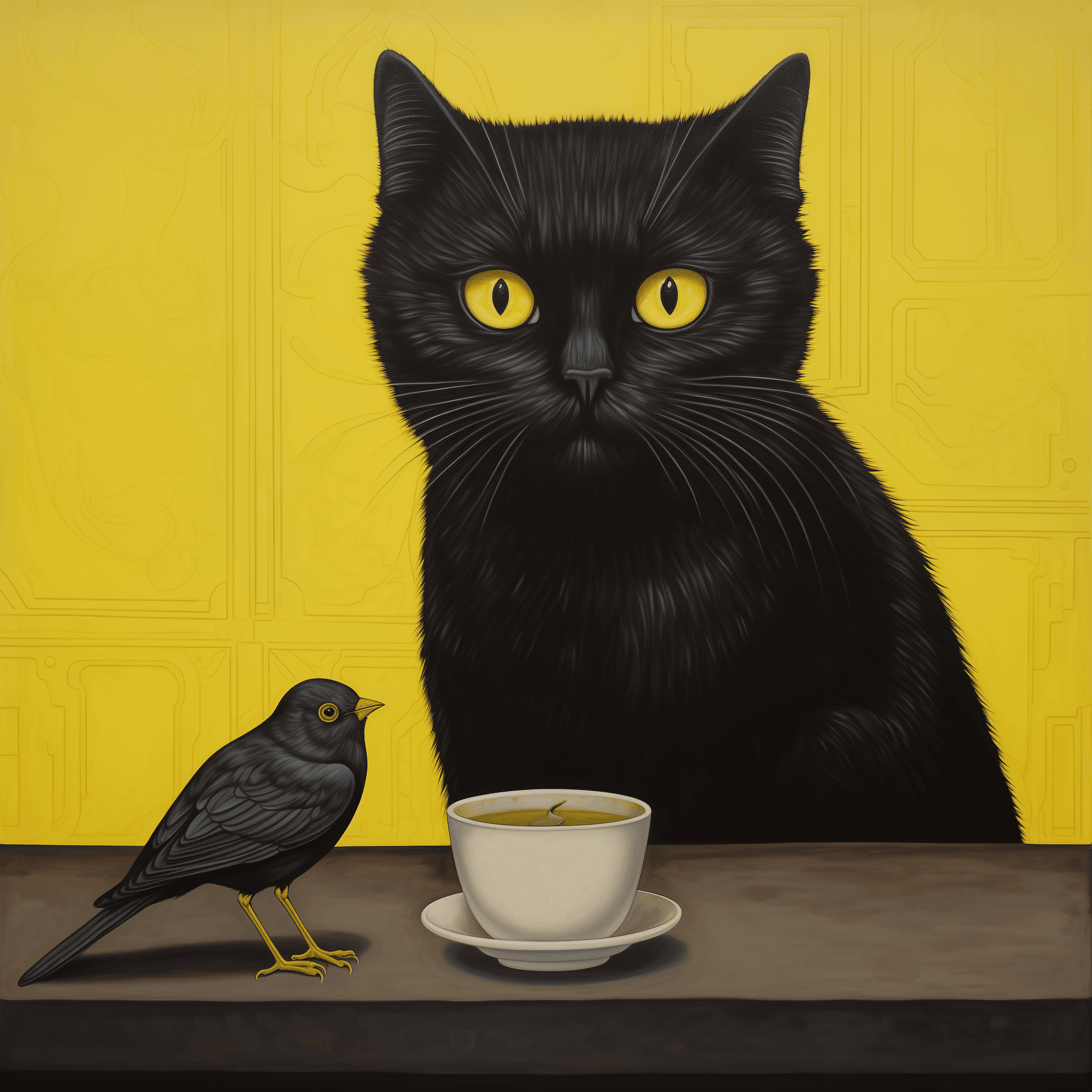 AI generated: black cat with yellow eyes eating canary, surreal painting in the style of David Mccloud and Wes And...