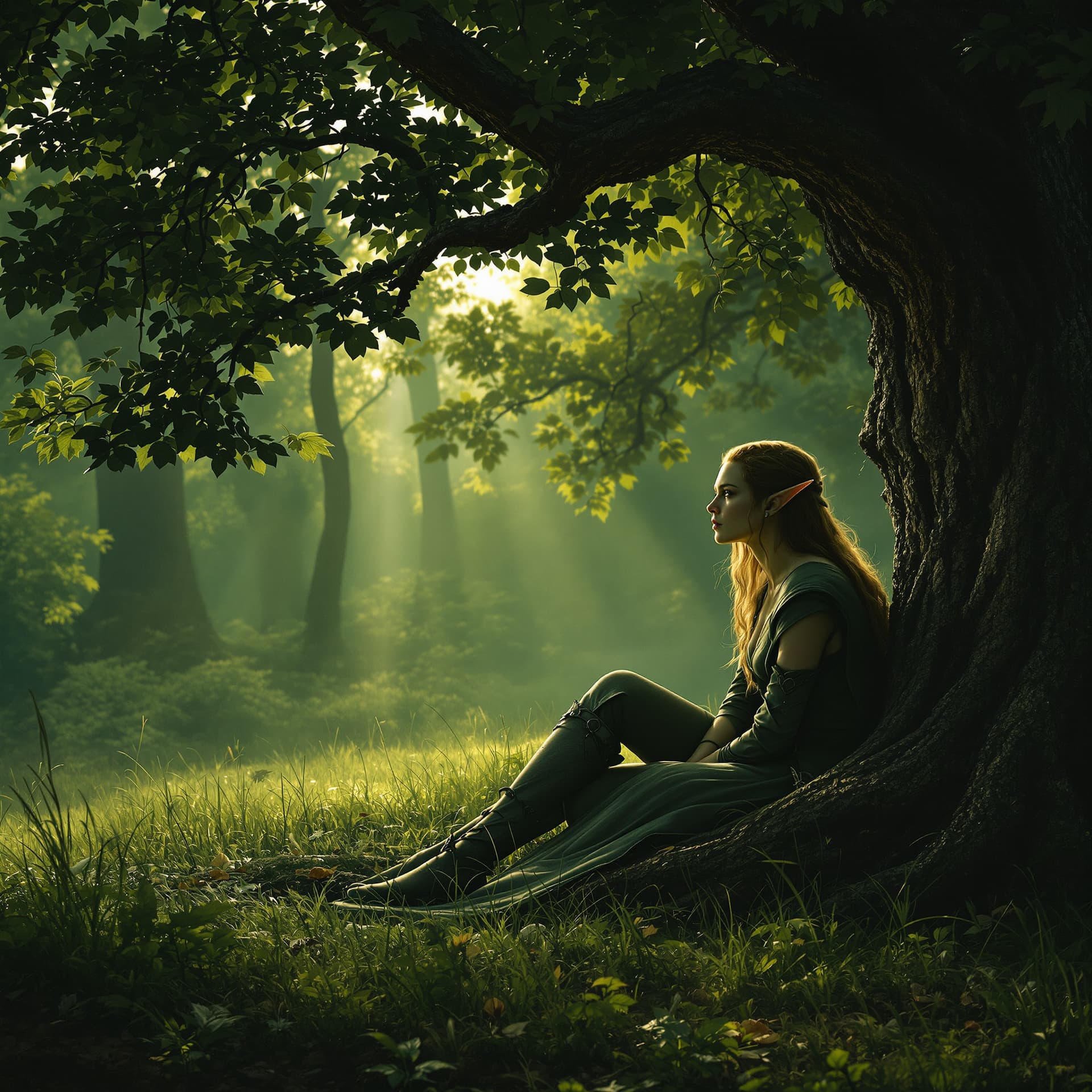 AI generated: female lord of the rings warrior elf sitting under a tree in Lothlórien, watching and expecting an i...