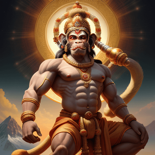 AI generated: Hyper-realistic depiction of Hanuman Ji, the divine monkey god from Hindu mythology. He has a powerf...