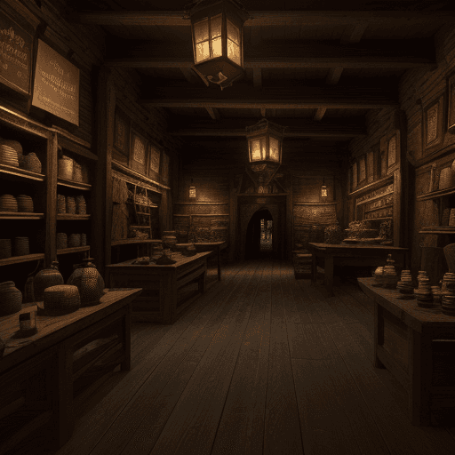 AI generated: High resolution photography interior design, dimly lit empty medieval store, wood furniture, lantern...