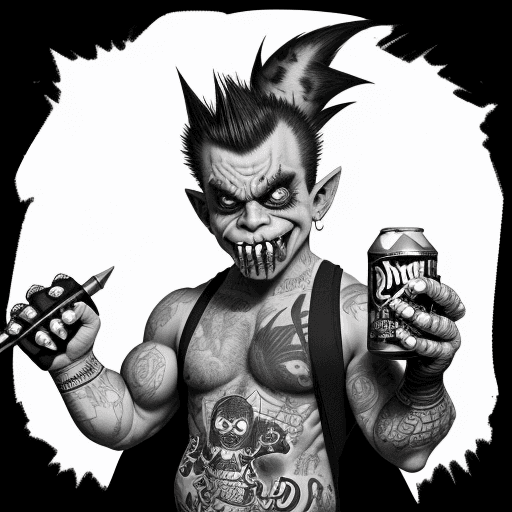 AI generated: A gnarly muscular punk-rock humanoid bat that is chugging a can of beer with one hand and holding a ...