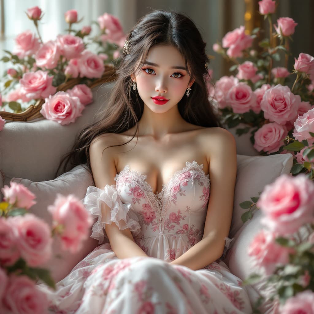 AI generated: A beautiful Asian woman wearing a white lace dress with a pink floral print, her long hair cascading...
