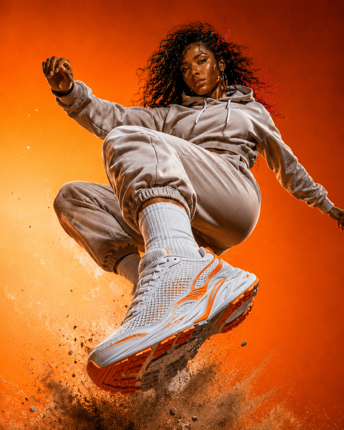AI generated: Dynamic sportswear ad featuring an athletic model mid-air, jumping toward the camera. Dramatic low-a...