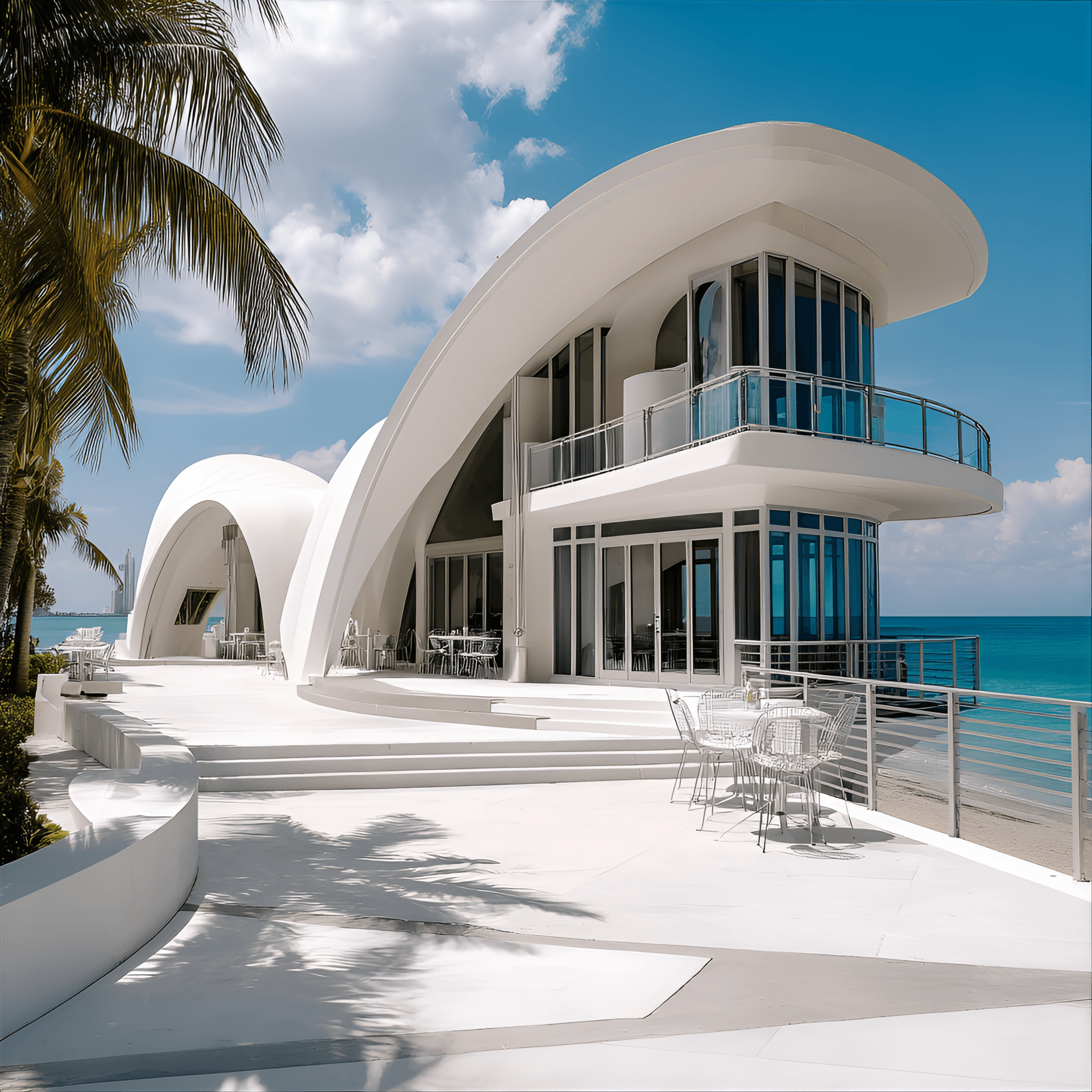 AI generated: An elegant mid-century modern beachfront mansion inspired by the curves of a seashell, with
sweepin...