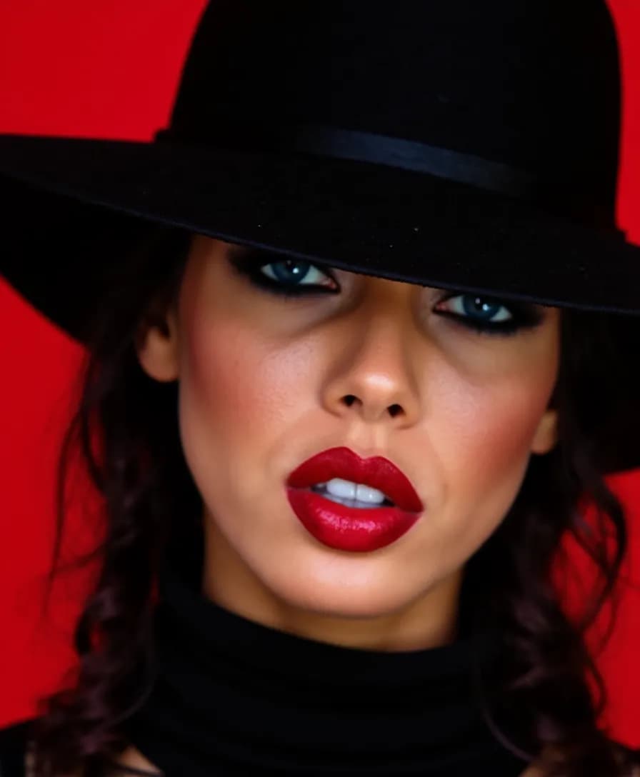 AI generated: The image is a close-up portrait focusing on the face of a woman, wearing a black hat. The person's ...