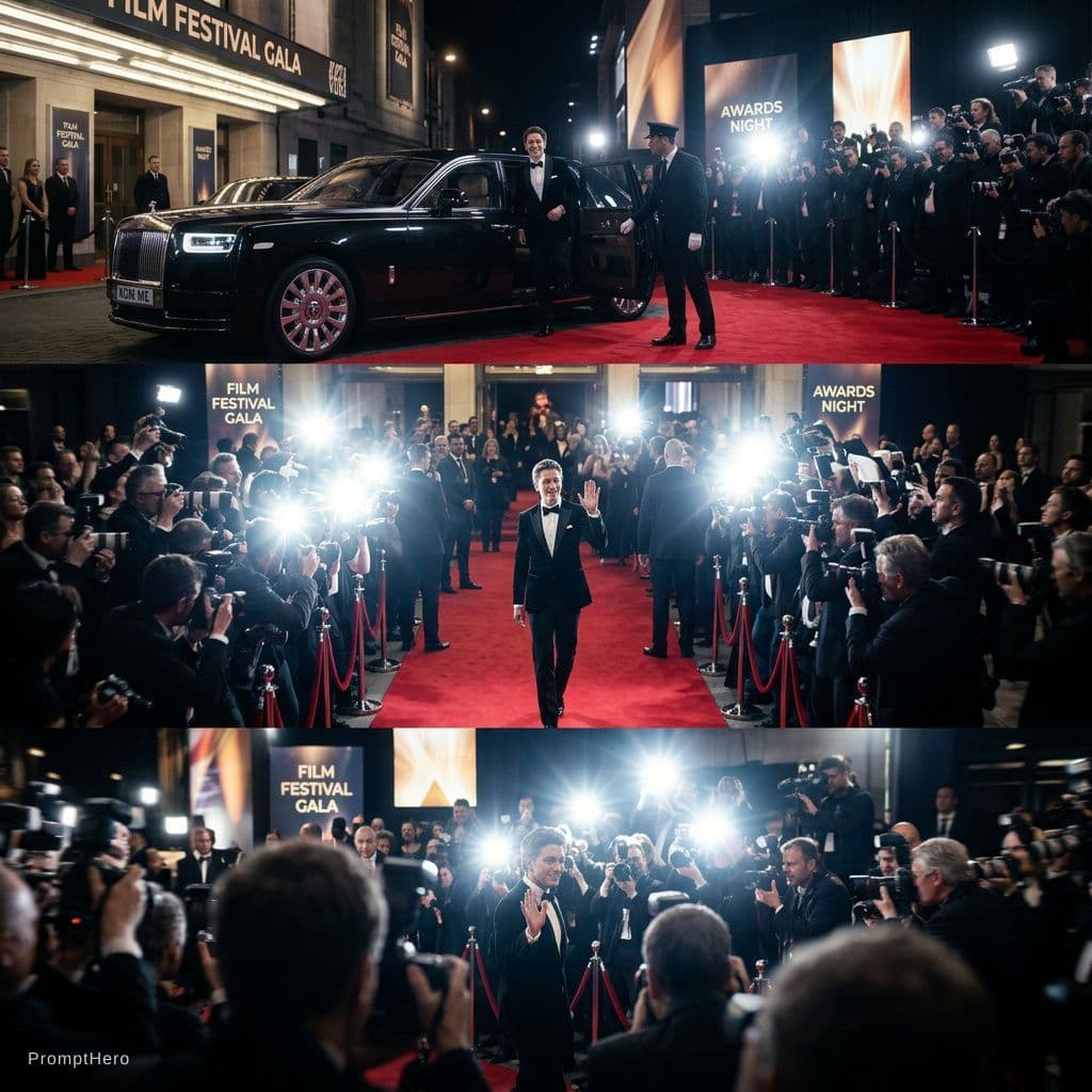 AI generated: HAZME UN VIDEO DE LA IMAGEN QUE TE PASE SALIENDO DE UN ROLLS ROYCE Y CAMINADO LA ALFOMBRA ROJA CON D...